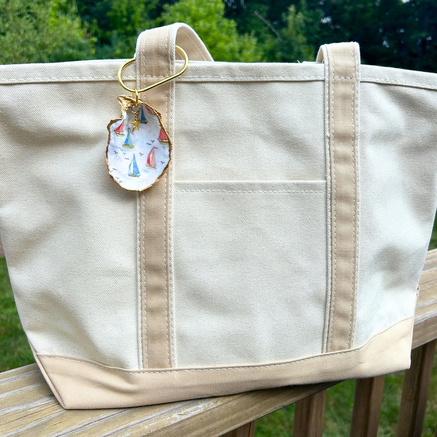 Oyster Shell Tote Bag Charm - Sailboats