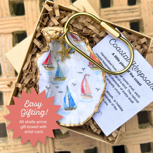 Oyster Shell Tote Bag Charm - Sailboats